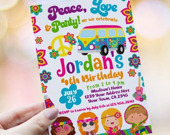 May include: A colorful invitation for a 4th birthday party with a peace sign, a psychedelic van, and the text "Peace, Love & Party!"  The invitation is decorated with flowers and the text "Jordan's 4th Birthday".