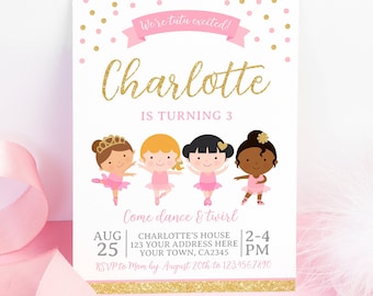 May include: Pink and gold birthday invitation with a ballerina theme. The invitation says "We're tutu excited! Charlotte is turning 3. Come dance & twirl. Aug 25, Charlotte's House, 123 Your Address Here, Your Town, CA2345, 2-4 PM. RSVP to Mom by August 20th to 123.456.7890. Printerfairy.com"