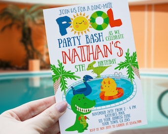 Invitation de fête de piscine de dinosaure, fête d'anniversaire de dinosaure, invitation de T-Rex, invitation de dinosaure, EDITEZ-VOUS l'invitation numérique