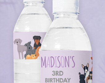 May include: Two clear plastic water bottles with purple labels. The labels feature a group of cartoon dogs and the text "MADISON'S 3RD BIRTHDAY".