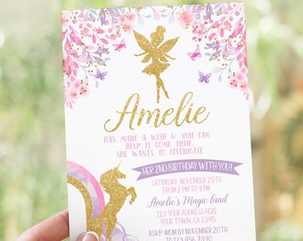 EDITABLE Fairy and Unicorn Birthday Invitation, Floral Birthday Party, Magical Birthday Party, EDIT YOURSELF Digital Invite