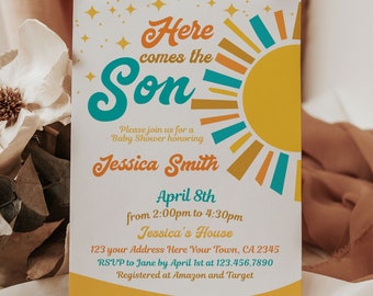 Peut inclure: Une invitation de fête prénatale jaune et bleue avec un graphique de soleil et le texte "Here comes the Son". L'invitation est pour Jessica Smith et comprend la date, l'heure et le lieu de la fête. Les informations de RSVP sont également incluses.