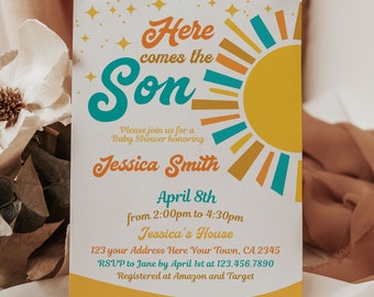 Here Comes the Sun Baby Shower Invitation, Editable Template, Baby Shower Boho Sunshine Party, Baby Shower Party Invite, Printable, Download