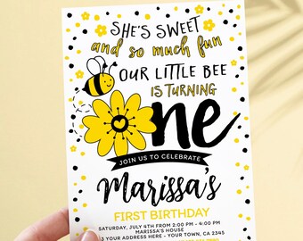 Bee Birthday Invitation, Editable, Honey Bee Invitation, Bee Birthday Party, Sunflower Bee Invitation, Beeday Invitation, Instant Download