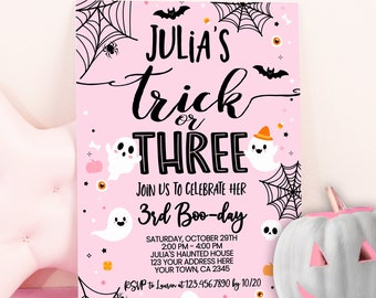 Trick or Three Invitation, EDITABLE Halloween 3rd Birthday Invitation Ghost Invitation Spooky Invitation Spooktacular, INSTANT DOWNLOAD ghp1