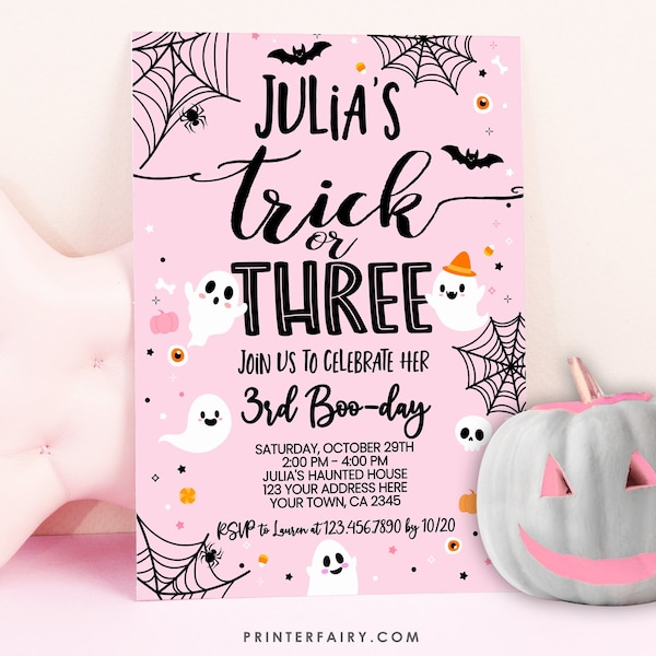 Trick or Three Invitation, EDITABLE Halloween 3rd Birthday Invitation Ghost Invitation Spooky Invitation Spooktacular, INSTANT DOWNLOAD ghp1