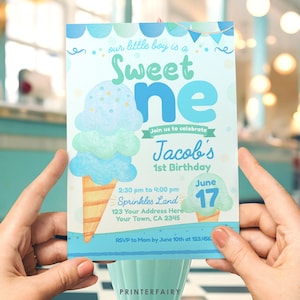 Ice Cream First Birthday Invitation, EDITABLE, Ice Cream Party, Summer Birthday, Ice Cream Birthday, Ice Cream Invite, Birthday Invitation