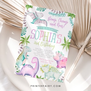 Dinosaur Invitation, EDITABLE, Girl Birthday Invitation, Dinosaur Birthday Party, INSTANT DOWNLOAD