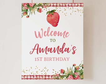 Strawberry Welcome Sign, Editable, Strawberry Sign, Fruit Birthday Party, Tuttifrutti Birthday, Strawberry Party Decor, Instant Download
