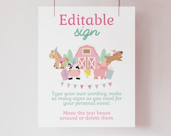 Farm Birthday Sign, Cute Animals, Pink Barnyard Party (Editable Digital Download)