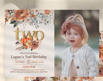 Editable Little Pumpkin 2nd Birthday Invitation with Photo: Floral Pumpkin Patch Party, Autumn Second Birthday, Corjl Instant Download