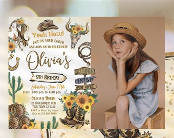 Cowgirl Birthday Party Invitation with Photo: Cowgirl Horse Invite, Rustic Wild West Rodeo Birthday - Instant Download, Editable in Corjl