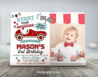 Race Car Birthday Invitation with Photo, Editable Racing Party (Printable)