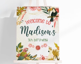 Tropical Bird Welcome Sign, EDITABLE Tropical Party Decorations, Summer Birthday Luau Sign, Vintage Bird decorations INSTANT DOWNLOAD