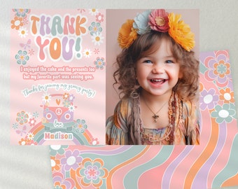 Editable Groovy One Thank You Card with photo Hippie Party Daisy Birthday Thank You Note 70s Party Digital Template Instant Download GR1