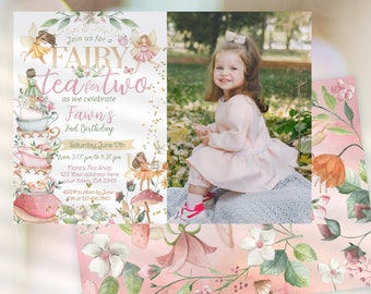 Editable Tea For Two Fairy Party Invite with Photo Fairy Floral Fall Party for girl Fairytale 2nd Birthday Invitation Instant Download Corjl