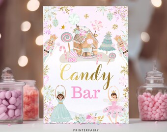 Candy Bar Printable Sign, 2 Sizes Included - Pink Christmas Table Decor, Candyland Winter Wonderland Decoration, Instant Download