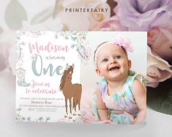 Floral Horse First Birthday Invitation with Photo, EDITABLE, Pony Birthday, Cowgirl Party, Horse Birthday Party Invitation, Instant Download