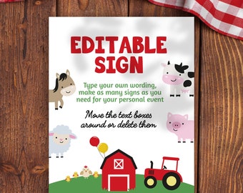 Farm Birthday Party Editable Sign, Printable, Farm Animals Party, Barnyard Birthday Party Sign, Template, Instant Download Farm Welcome Sign