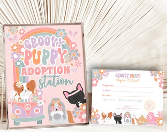 Groovy Puppy Adoption Station Pawty Adoption Certificate Adopt a Pet Sign Party Game Puppy Birthday Pet Adoption Center Instant Download GR1