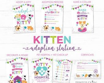 May include: A printable set of colorful kitten adoption station signs. The signs include instructions for adopting a kitten, decorating a house, a pet hospital, and a certificate. The signs feature cute cartoon kittens.