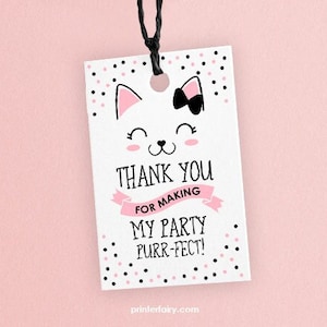 Étiquettes de faveur de chaton, fête d'anniversaire de chaton, étiquettes de remerciement imprimables, fête d'adoption d'animal de compagnie, noir et rose, téléchargement immédiat