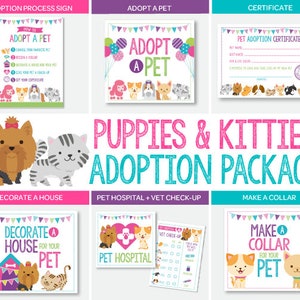 Pacote de estação de adoção de filhotes e gatinhos, pacote completo de centro de adoção de animais de estimação, arquivos digitais para impressão, 7 + 1 sinais incluídos, download instantâneo