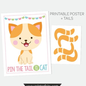 Pin the Tail on the Kitty, Pin the Tail Game, Printable Poster, Cat Party Games, Kitty Birthday Decorations, Printable Digital Sign image 1