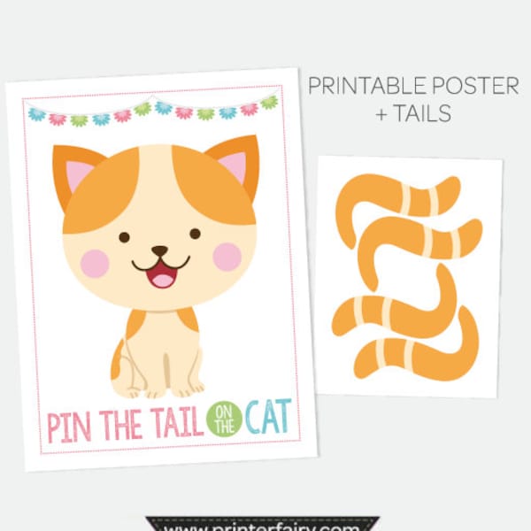 Pin the Tail on the Kitty, Pin the Tail Game, Printable Poster, Cat Party Games, Kitty Birthday Decorations, Printable Digital Sign