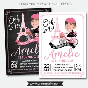 Paris Birthday Invitation with Photo, Bicycle Party, Paris theme Party, Pink and black Invitation, Digital, 2 Options image 1