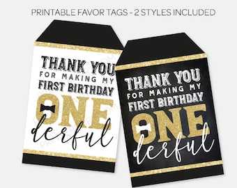 Mr Onederful Tags, Printable Favor Tags, Bow tie Thank You Tags, First Birthday Favor Tags, Black and Gold Labels, INSTANT DOWNLOAD