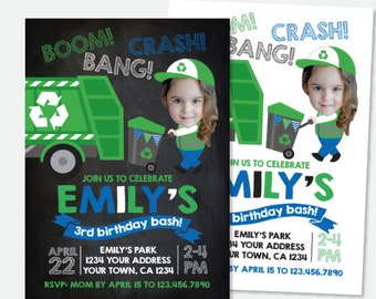 Trash Truck Invitation with Photo, Gargabe Truck Birthday Party, Recycle Girl Birthday Invitation, Personalized Digital Invite, 2 Options