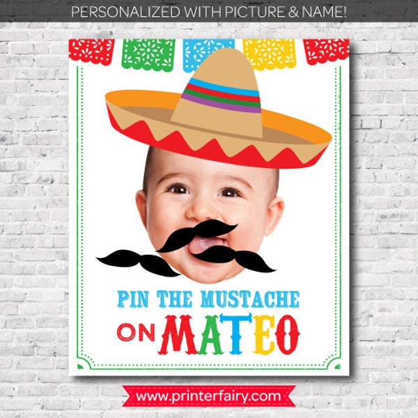 Pin The Mustache game, Fiesta 1st Birthday, Mexican Birthday Party, White background Poster, DIGITAL Personalized item