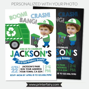 Trash Truck Invitation with Photo, Gargabe Truck Birthday Party, Recycle Birthday Invitation, Personalized Digital Invitation, 2 Options