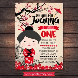 Kokeshi Doll Invitation, Japanese Doll Invitation, Kokeshi Doll Birthday Party, Japanese Tea Party Invitation, 2 options, DIGITAL image 2