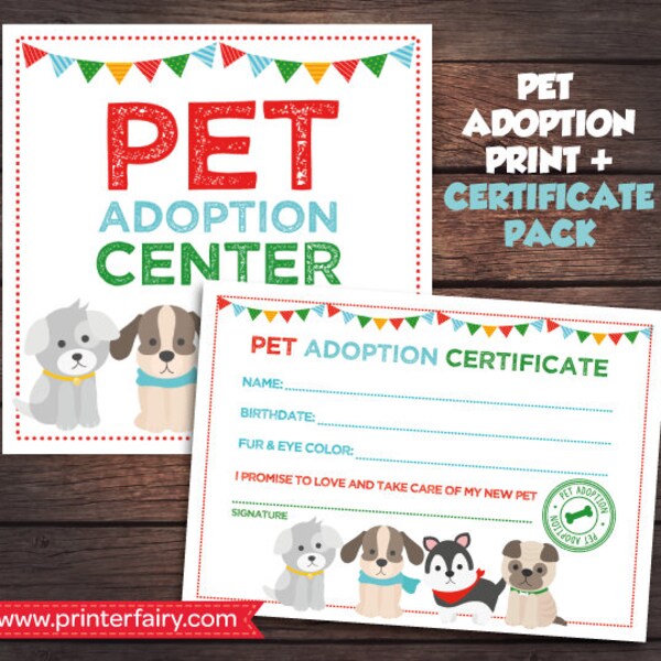 Puppy Birthday Party, Pet Adoption Party Prints, Pet adoption Certificate, Adopt a Pet sign, Digital files, Instant download