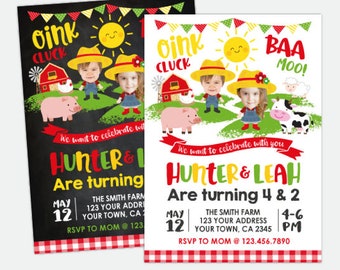 Farm Birthday Invitation With Photo, Sibling Birthday Party, Joint Party Invite, Barnyard Party, Personalized Digital Invitation