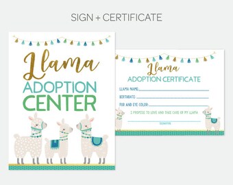 Llama Adoption Center, Adopt a Llama, Pet Adoption Party, Adoption Certificate & Sign, Llama Party, Printable Item DIGITAL, Instant Download