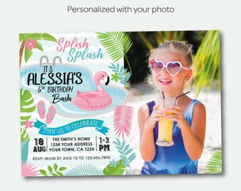 Pool Birthday Invitation with Photo, Flamingo Invitation, Flamingle Birthday Party, Summer Birthday Invitation, Personalized Invitation