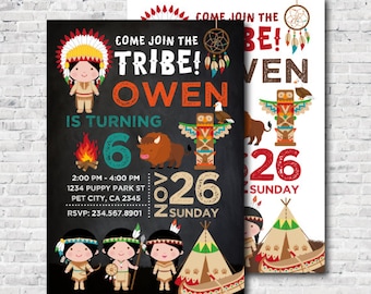 Pow wow Invitation, Tribal Birthday Party, Indian Party, TeePee Invitation, Digital File, I design, you print