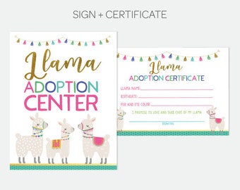 Llama Adoption Center, Adopt a Llama, Pet Adoption Birthday Party, Adoption Certificate & Sign, Printable files, DIGITAL, Instant Download