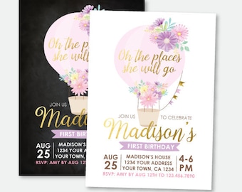 Hot Air Balloon Birthday Invitation, Oh the places she'll go, Floral Balloon Party, ANY AGE, Personalized Printable Invite, 2 Options