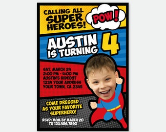 Superhero Boy Invitation with Photo, Superheroes Birthday Party, Superhero Invite, Personalized Digital Invitation