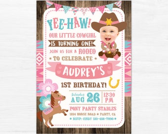 Cowgirl Invitation with picture, Pony Birthday Invitation, Girl First Birthday Invitation, Horse Party Invites, DIGITAL, 2 Options