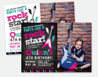 Rock Star Girl Invitation with Photo, Rock Invitations, Rockstar Birthday Party, Personalized Digital Invitation, 2 options