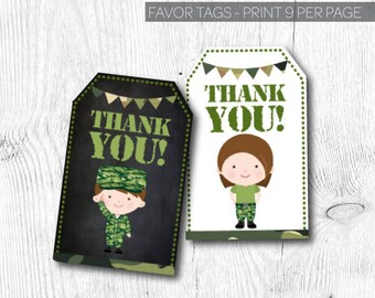 Army Favor Tags, Military Birthday Party, Military Thank you tags, Soldier Birthday Party, Instant download