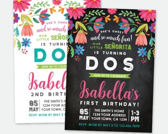 Fiesta Birthday Invitation, Cinco de Mayo Girls Birthday Party, Little Señorita, Any Age, Personalized Digital Invite, 2 Options