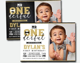 Mr Onederful First Birthday Invitation with Photo, Boys 1st Birthday Party, Personalized Invitations, 2 options