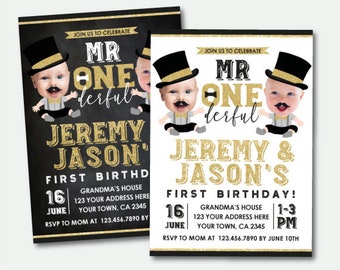 Mr Onederful Twins First Birthday Invitation with Photo, Boys 1st Birthday, Personalized Digital Invitations, 2 options