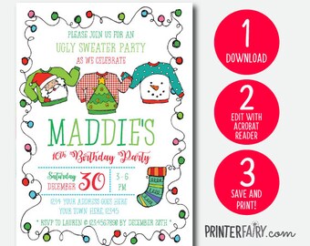 Ugly Sweater Birthday Invitation, Holiday Party Invite, Christmas Party, EDITABLE Invitation, INSTANT DOWNLOAD